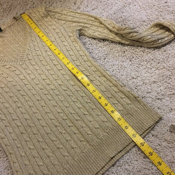 Ralph Lauren Silk Festive Golden Cable Knit V-Neck Sweater - Picture 12 of 13